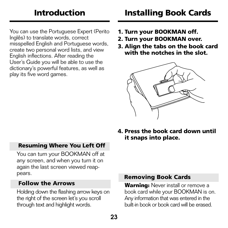 Installing book cards, Introduction | Franklin Perito Ingles Portuguese Expert DBP-2076 User Manual | Page 5 / 21