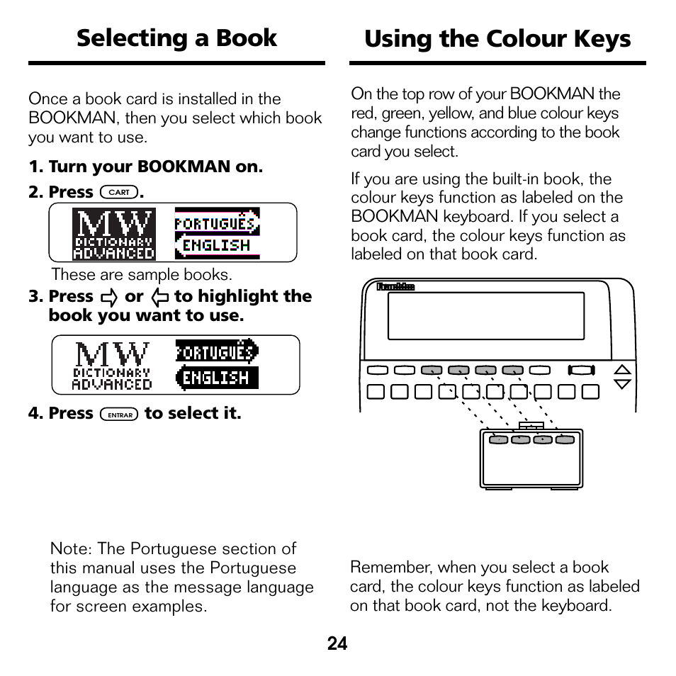 Selecting a book, Using the colour keys, Selecting a book using the colour keys | Franklin Perito Ingles Portuguese Expert DBP-2076 User Manual | Page 6 / 21