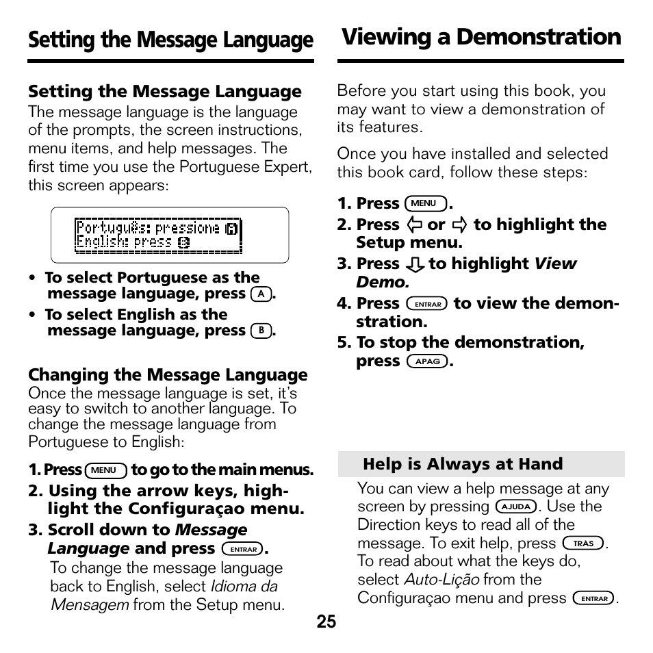 Setting the message language, Viewing a demonstration | Franklin Perito Ingles Portuguese Expert DBP-2076 User Manual | Page 7 / 21