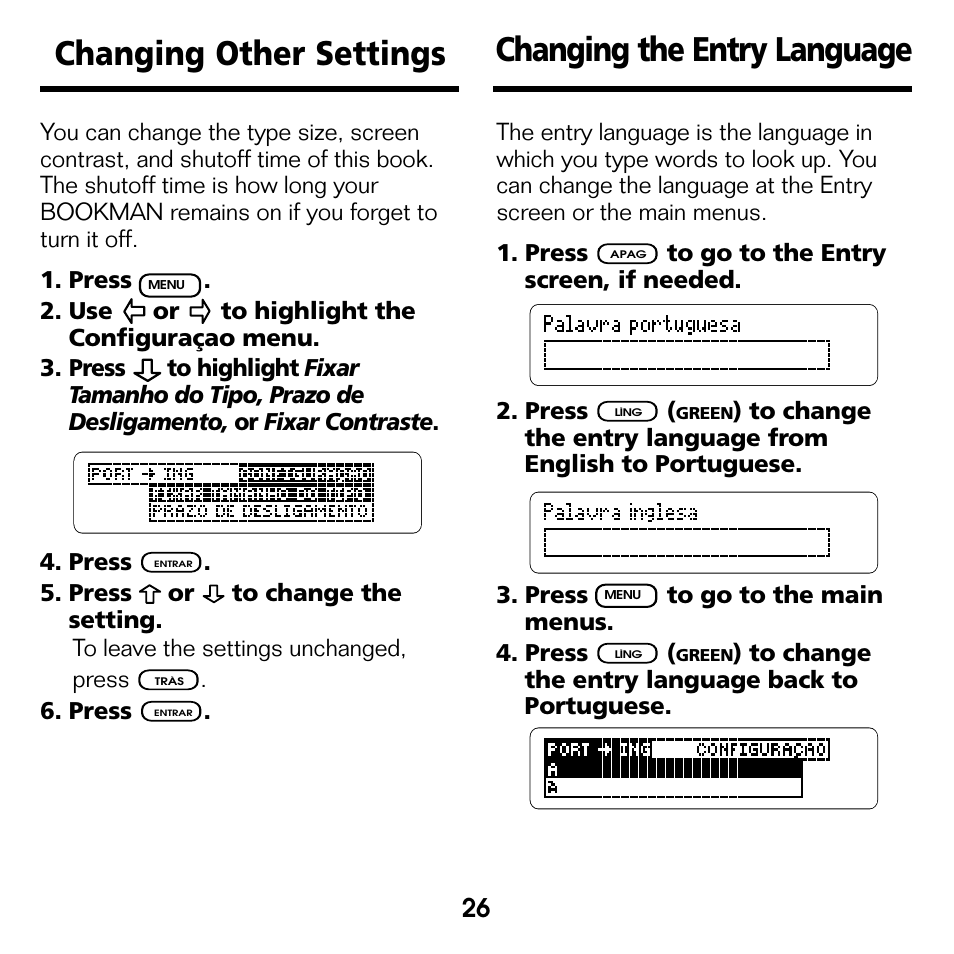 Changing other settings, Changing the entry language | Franklin Perito Ingles Portuguese Expert DBP-2076 User Manual | Page 8 / 21