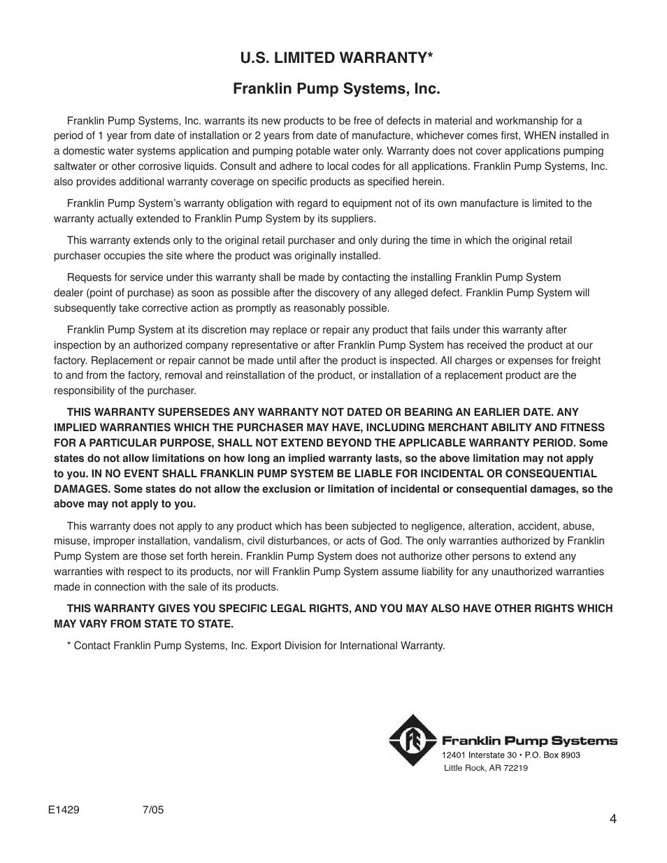 U.s. limited warranty* franklin pump systems, inc | Franklin S - J Series User Manual | Page 5 / 8