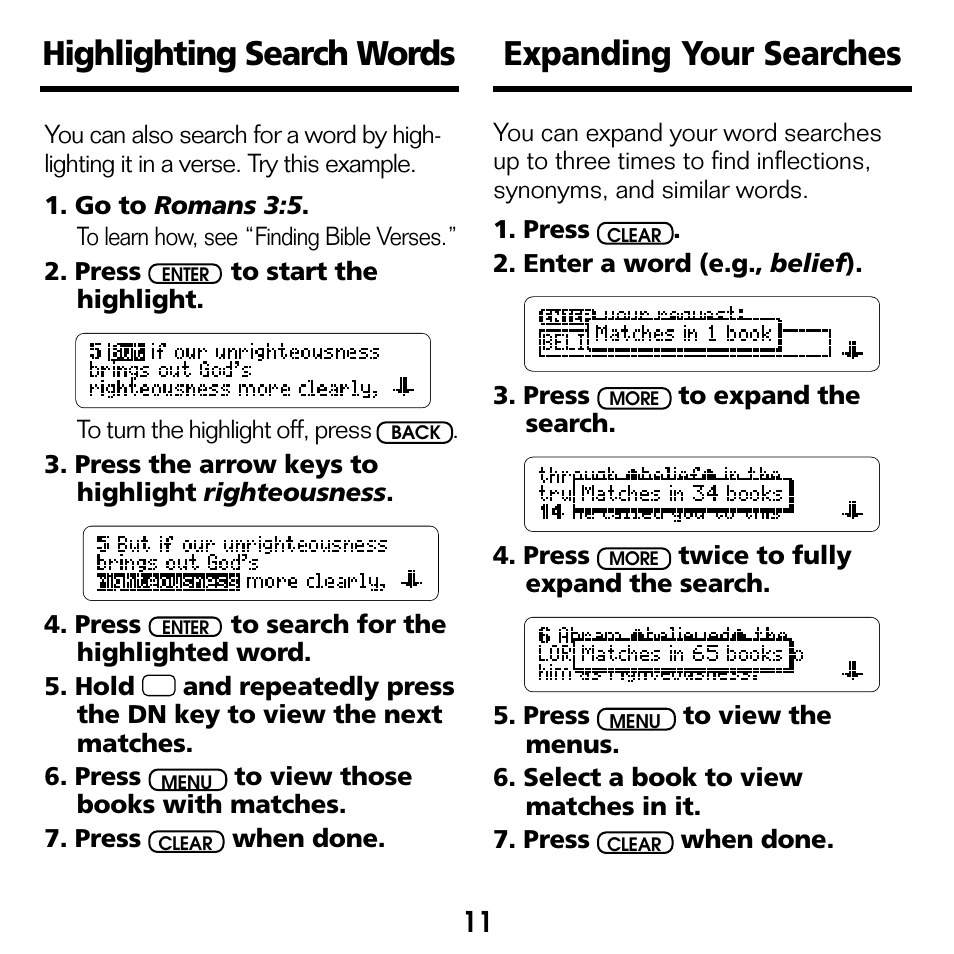 Highlighting search words, Expanding your searches, Highlighting search words expanding your searches | Franklin BOOKMAN NIV-440 User Manual | Page 12 / 19