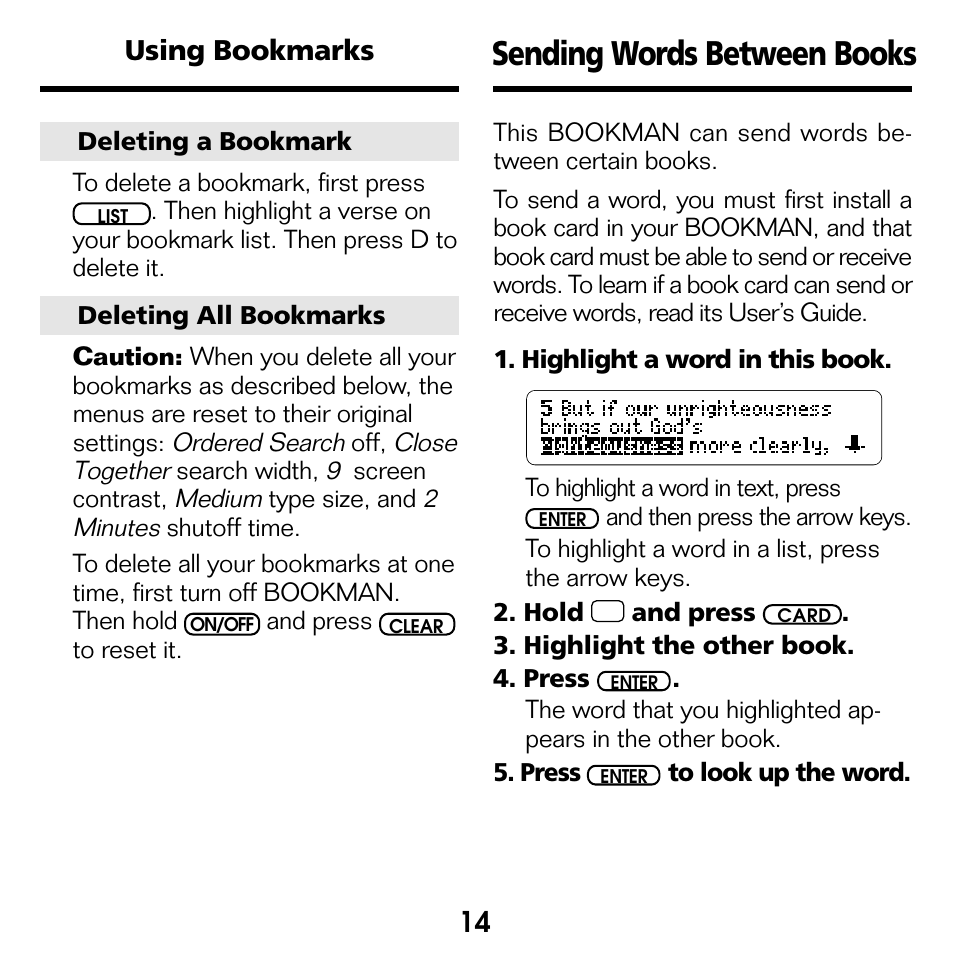 Sending words between books, 14 using bookmarks | Franklin BOOKMAN NIV-440 User Manual | Page 15 / 19