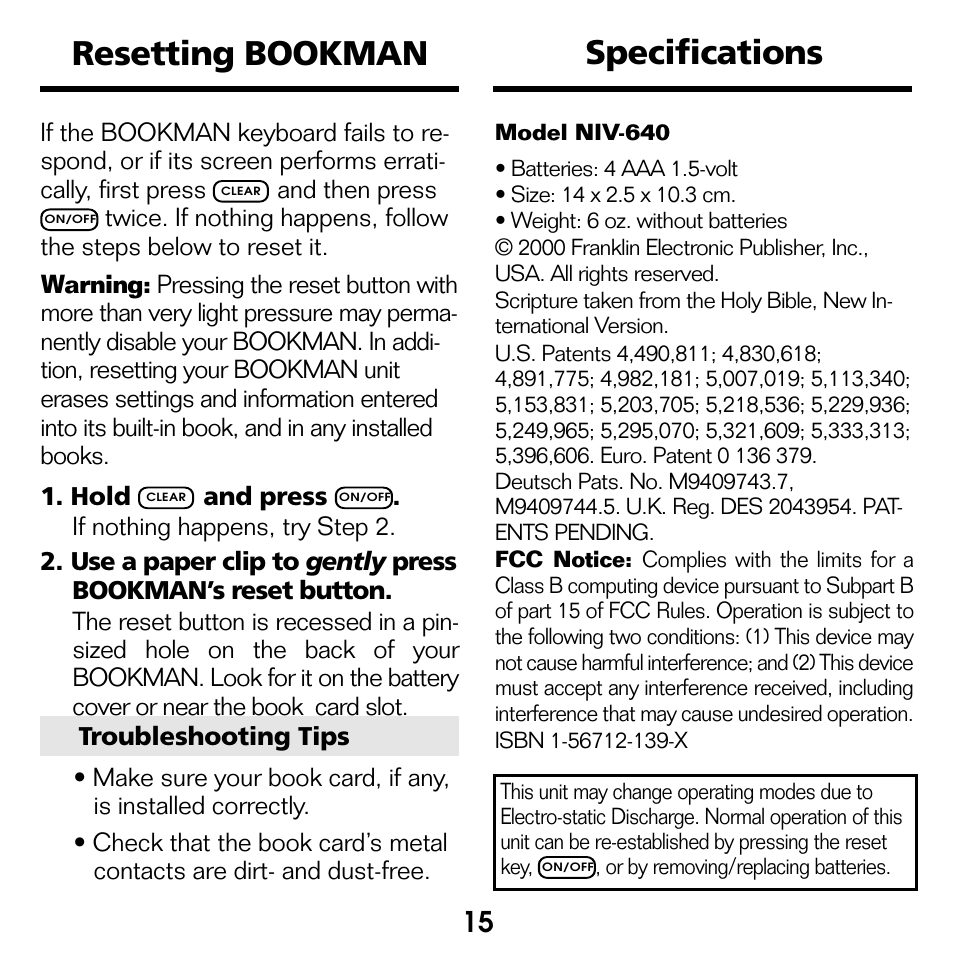 Resetting bookman, Specifications, Resetting bookman specifications | Franklin BOOKMAN NIV-440 User Manual | Page 16 / 19