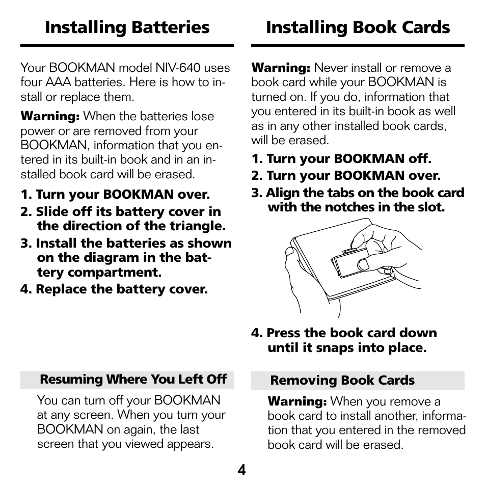 Installing batteries, Installing book cards, Installing batteries installing book cards | Installing book cards installing batteries | Franklin BOOKMAN NIV-440 User Manual | Page 5 / 19
