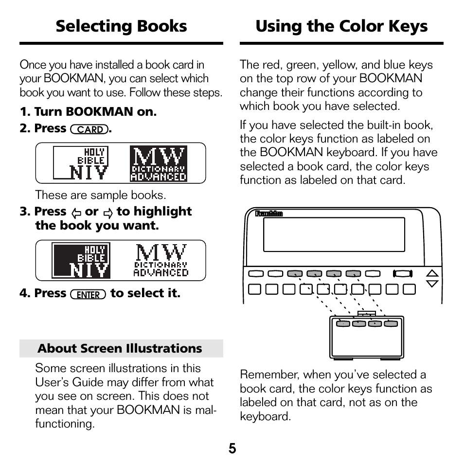 Selecting books, Using the color keys, Selecting books using the color keys | Franklin BOOKMAN NIV-440 User Manual | Page 6 / 19