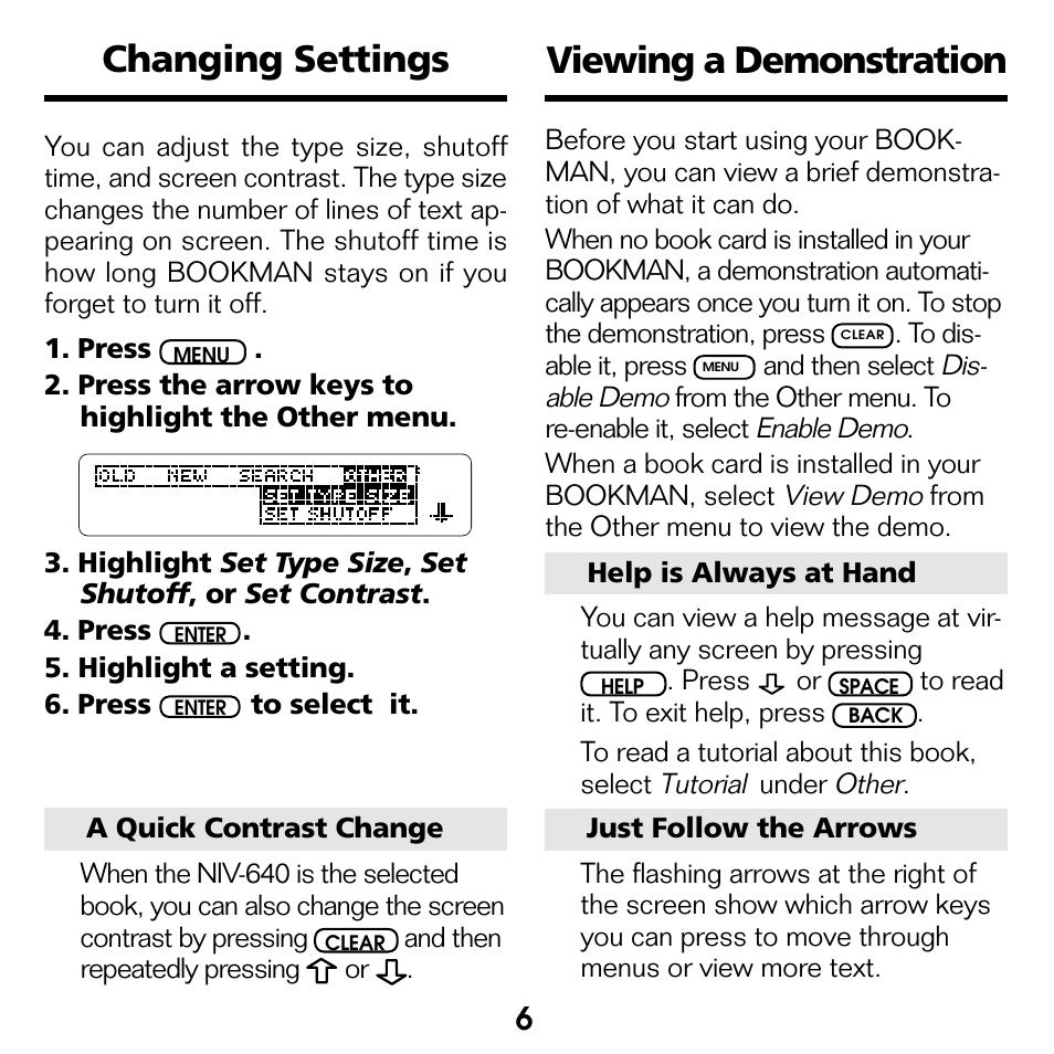Changing settings, Viewing a demonstration, Changing settings viewing a demonstration | Franklin BOOKMAN NIV-440 User Manual | Page 7 / 19