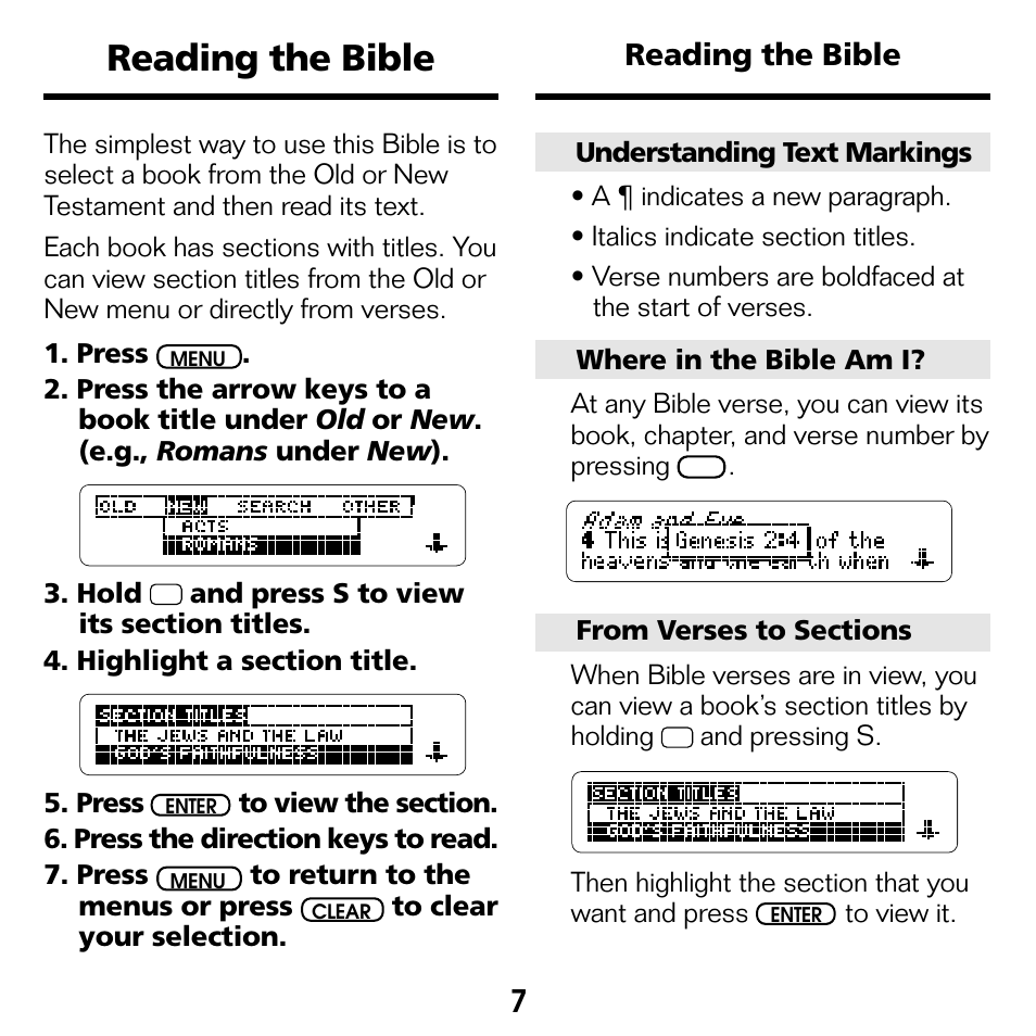 Reading the bible, 7reading the bible | Franklin BOOKMAN NIV-440 User Manual | Page 8 / 19