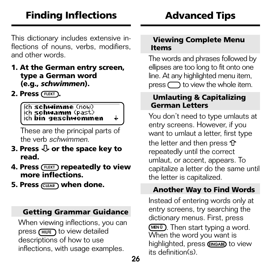 Finding inflections, Advanced tips, Finding inflections advanced tips | Franklin Deutsch/Englisch Professor DBD-440 User Manual | Page 10 / 18