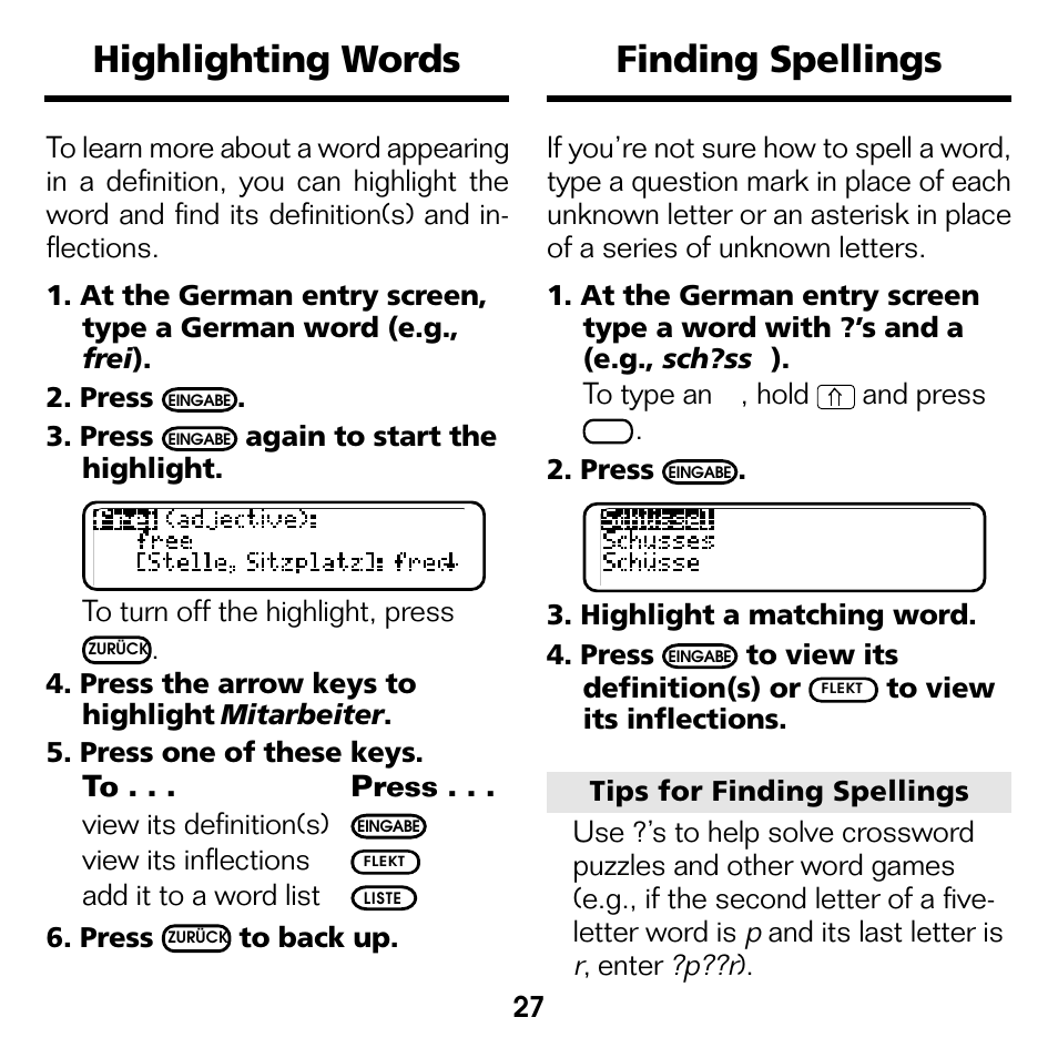 Highlighting words, Finding spellings, Highlighting words finding spellings | View its inflections, Add it to a word list | Franklin Deutsch/Englisch Professor DBD-440 User Manual | Page 11 / 18