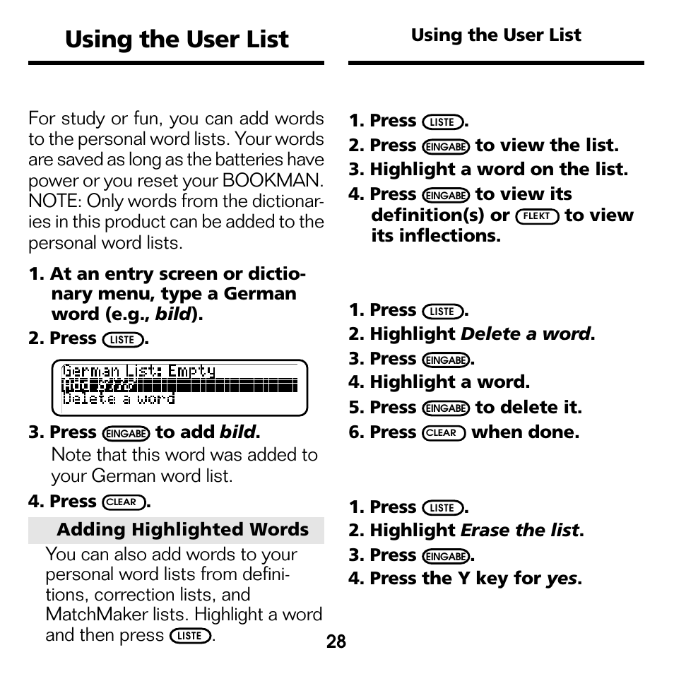 Using the user list, Adding words, Viewing your list | Deleting a word, Erasing your list | Franklin Deutsch/Englisch Professor DBD-440 User Manual | Page 12 / 18