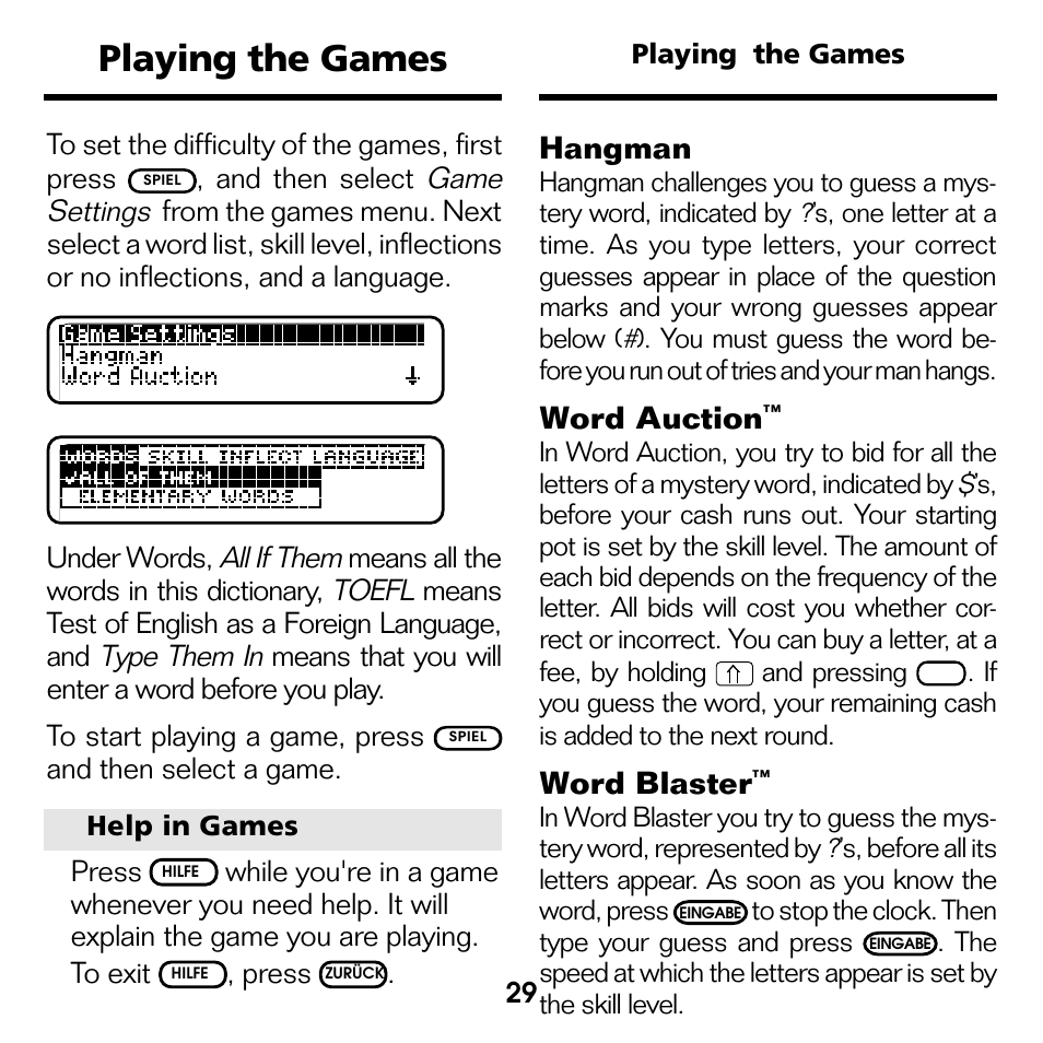Playing the games, Hangman, Word auction | Word blaster | Franklin Deutsch/Englisch Professor DBD-440 User Manual | Page 13 / 18