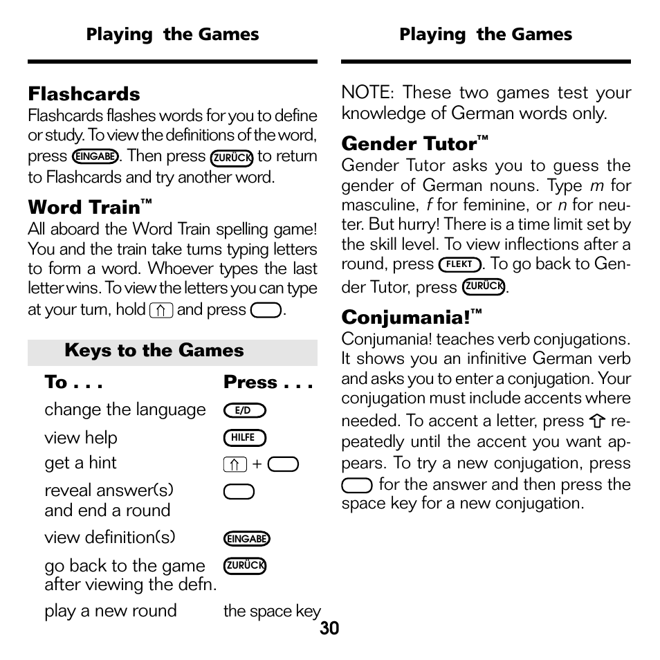 Flashcards, Word train, Gender tutor | Conjumania, View help, Get a hint, Reveal answer(s), And end a round view definition(s), Go back to the game, After viewing the defn. play a new round | Franklin Deutsch/Englisch Professor DBD-440 User Manual | Page 14 / 18