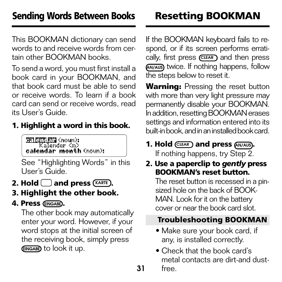 Sending words between books, Resetting bookman | Franklin Deutsch/Englisch Professor DBD-440 User Manual | Page 15 / 18