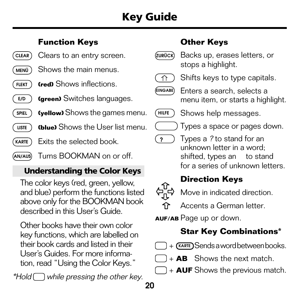 Key guide, Hold, While pressing the other key | Franklin Deutsch/Englisch Professor DBD-440 User Manual | Page 4 / 18
