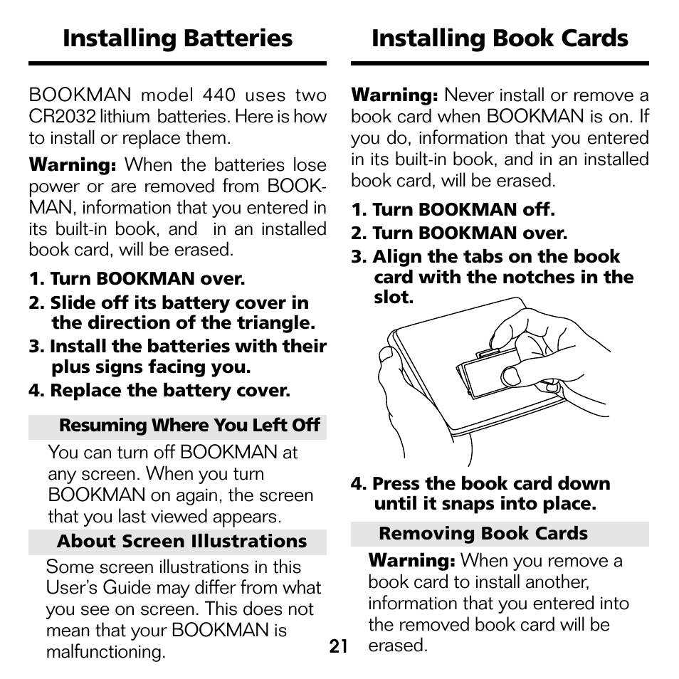 Installing batteries, Installing book cards, Installing batteries installing book cards | Installing book cards installing batteries | Franklin Deutsch/Englisch Professor DBD-440 User Manual | Page 5 / 18