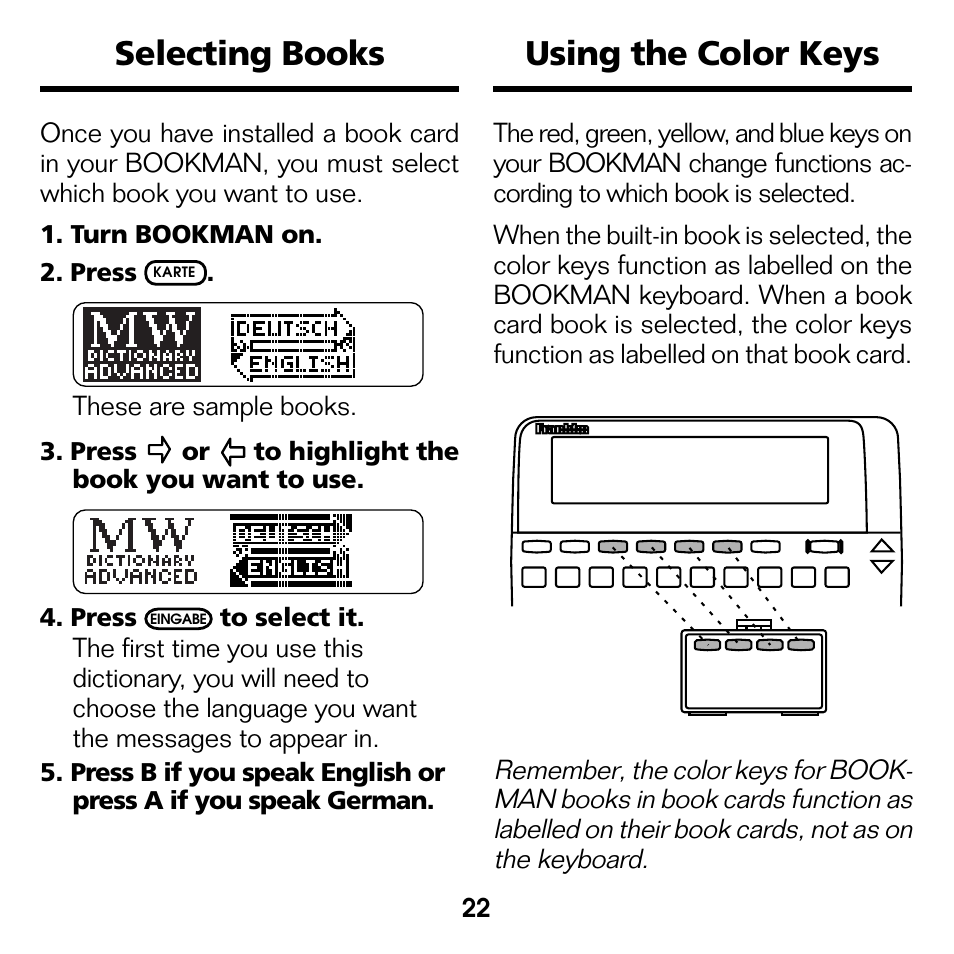 Selecting books, Using the color keys, Selecting books using the color keys | Franklin Deutsch/Englisch Professor DBD-440 User Manual | Page 6 / 18