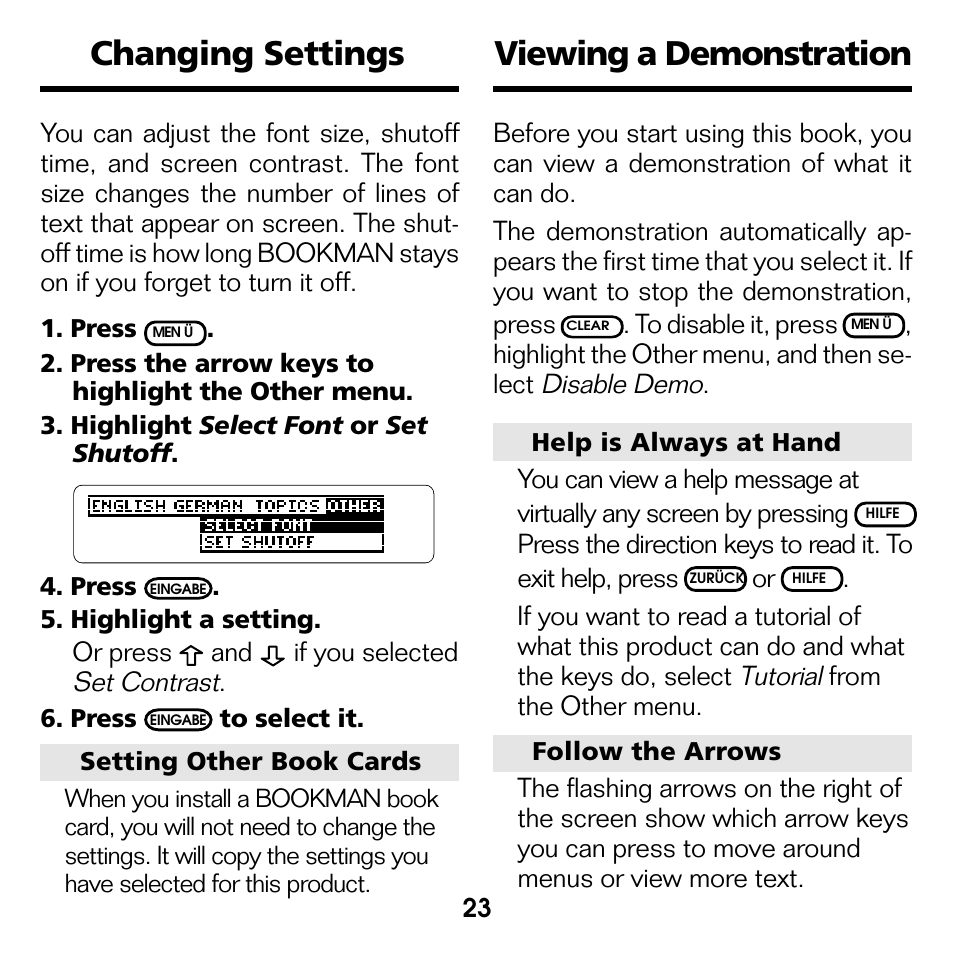 Changing settings, Viewing a demonstration, Changing settings viewing a demonstration | Franklin Deutsch/Englisch Professor DBD-440 User Manual | Page 7 / 18