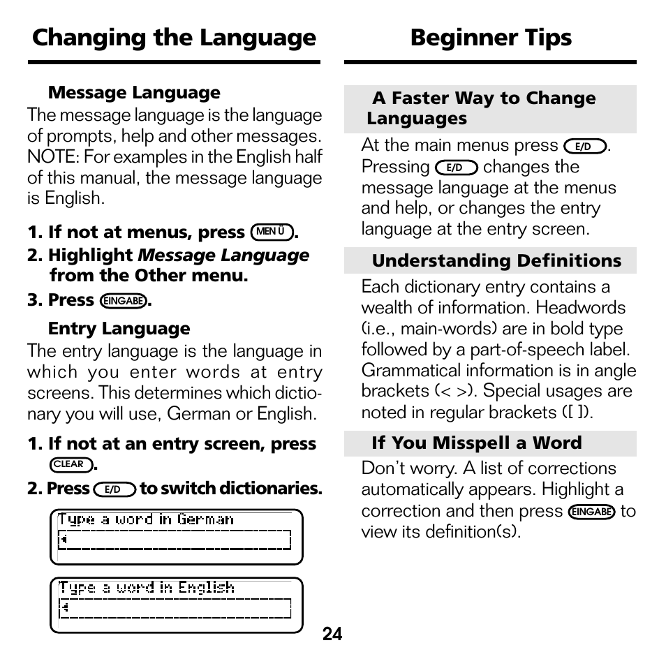 Changing the language, Beginner tips, Changing the language beginner tips | Franklin Deutsch/Englisch Professor DBD-440 User Manual | Page 8 / 18