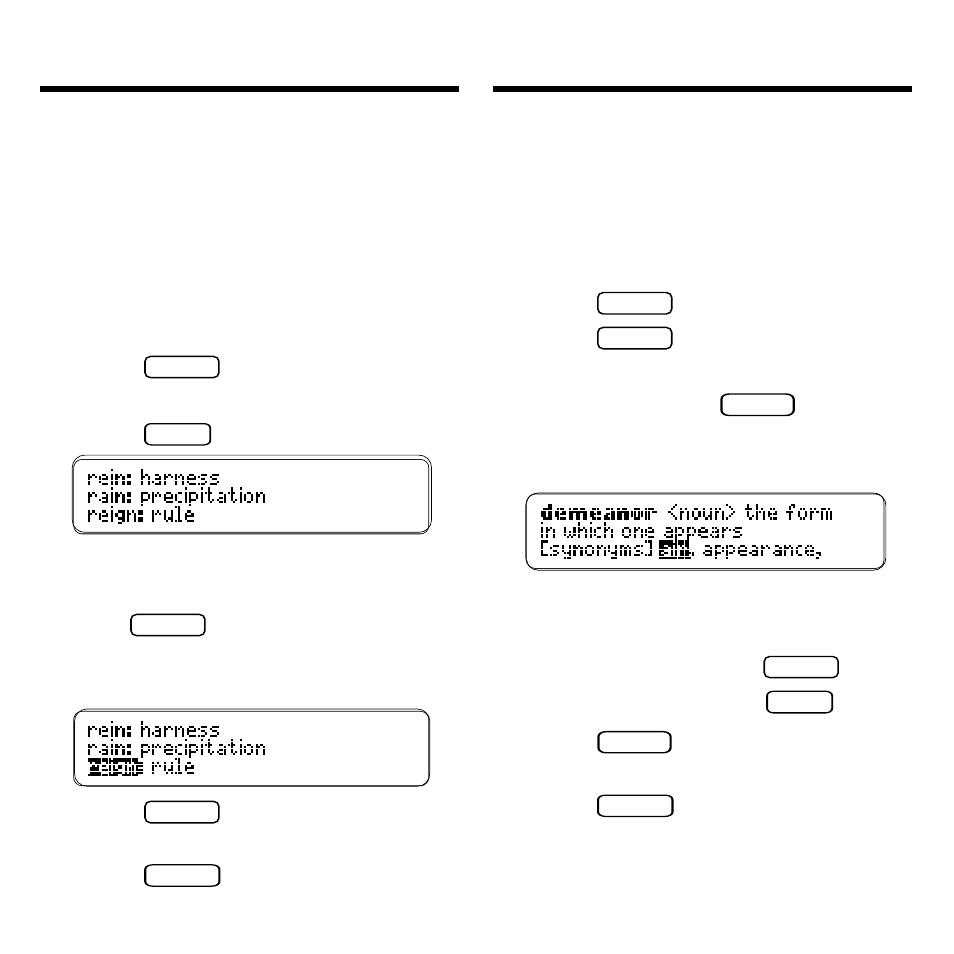 Finding confusables, Highlighting words, Notice that conf flashes | Its thesaurus entry, Confusables, if any | Franklin ATH-2011 User Manual | Page 9 / 15