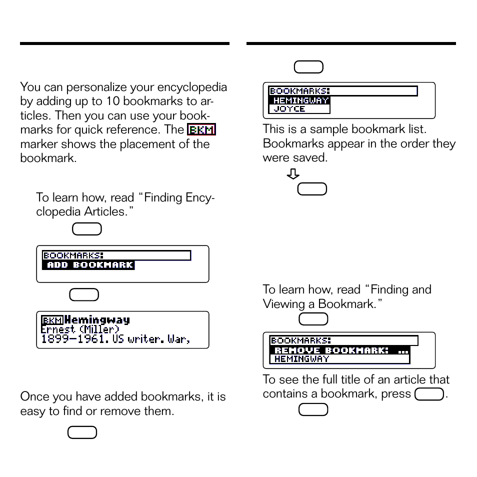 Using bookmarks, Adding a bookmark, Finding and viewing a bookmark | Removing a bookmark | Franklin BOOKMAN EMQ-640 User Manual | Page 14 / 19