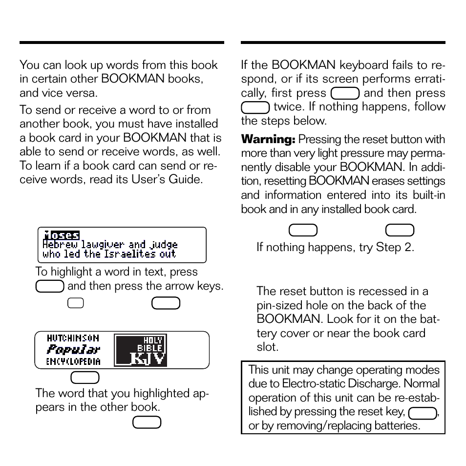 Sending a word between books, Resetting your bookman | Franklin BOOKMAN EMQ-640 User Manual | Page 15 / 19