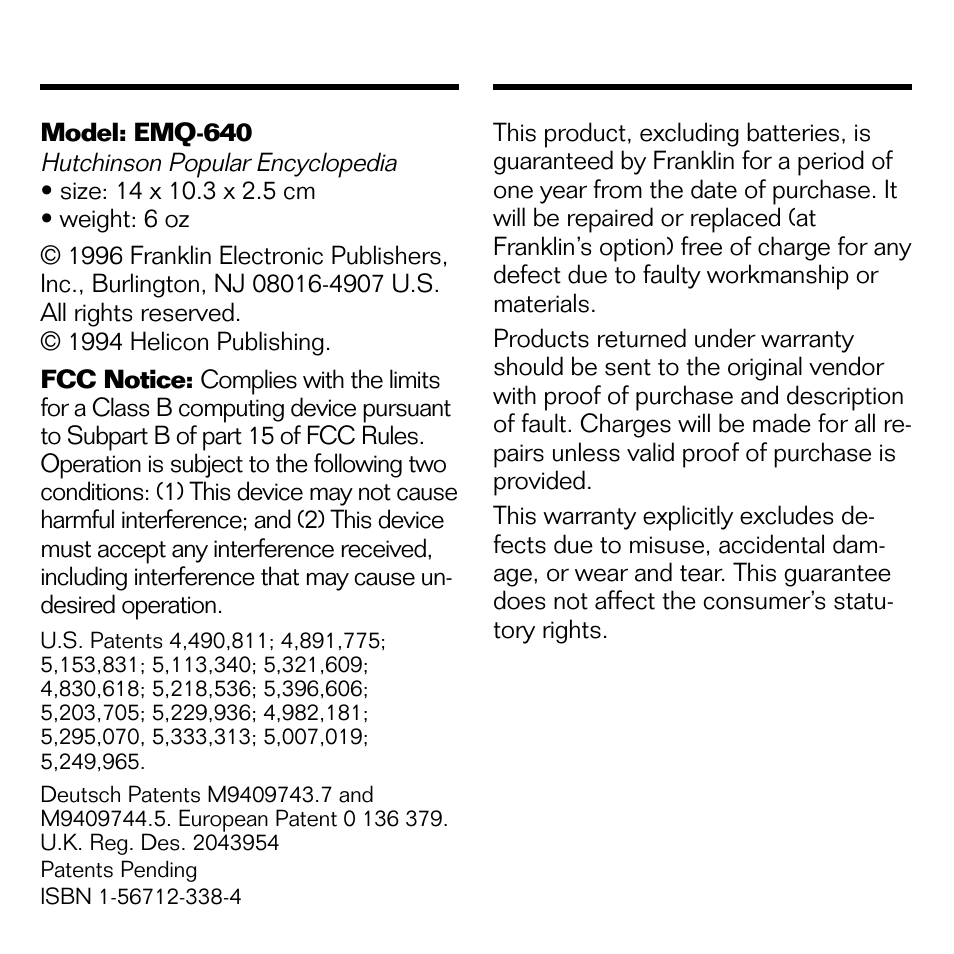 Specifications, Limited warranty | Franklin BOOKMAN EMQ-640 User Manual | Page 16 / 19