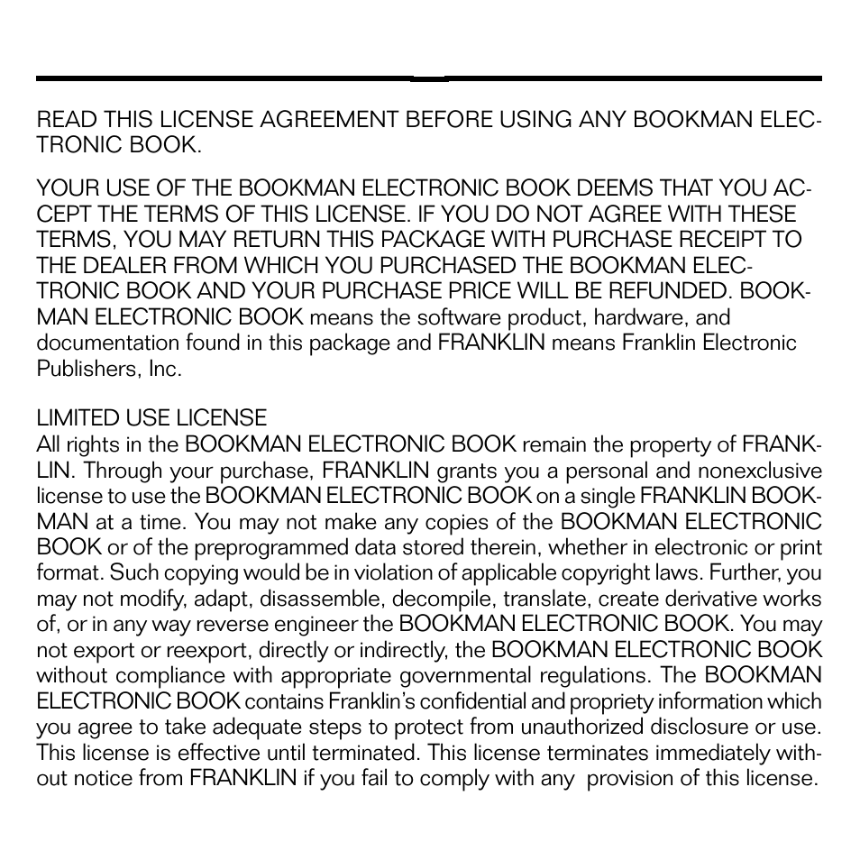 License agreement | Franklin BOOKMAN EMQ-640 User Manual | Page 2 / 19