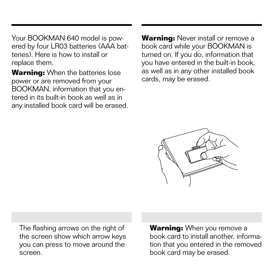 Installing batteries, Installing a book card, Installing a book card installing batteries | Franklin BOOKMAN EMQ-640 User Manual | Page 6 / 19