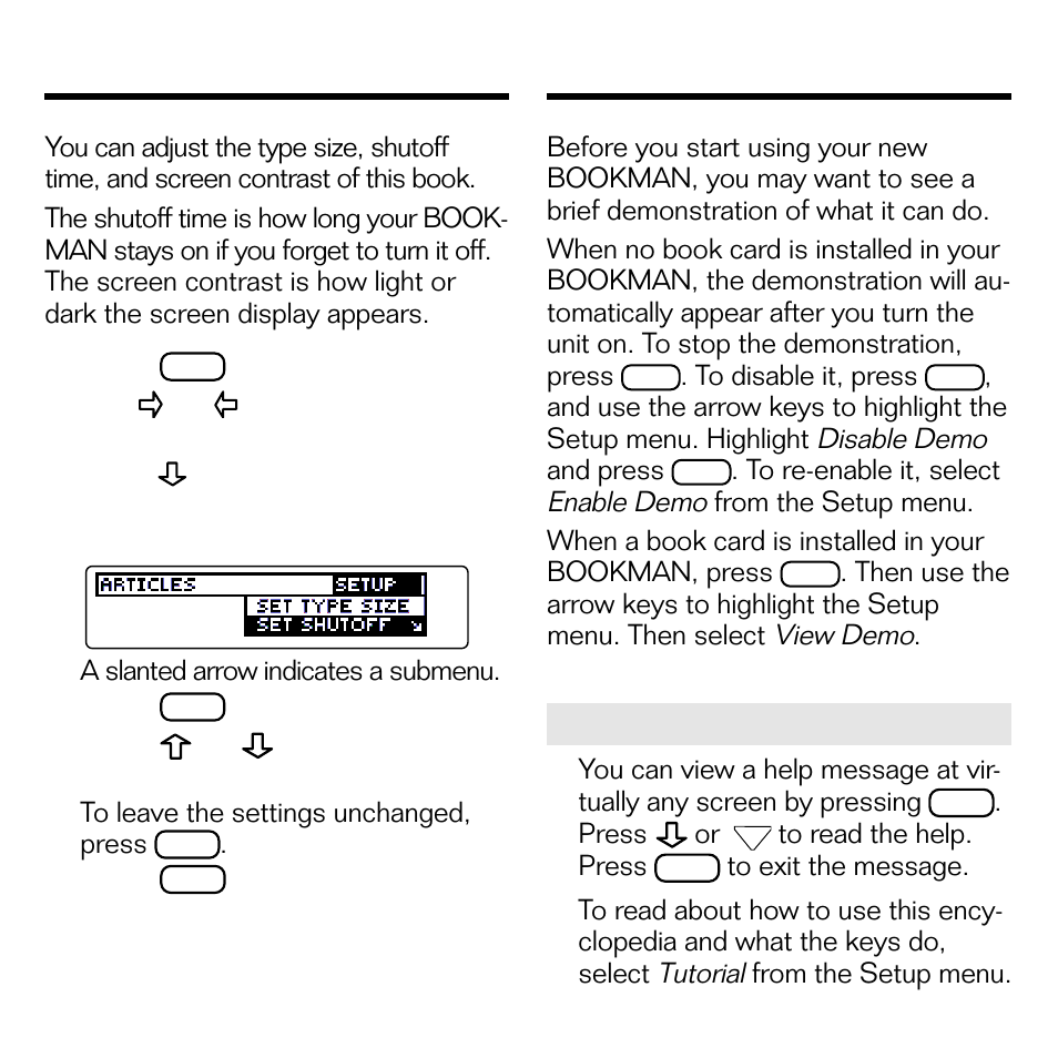 Changing the settings, Viewing a demonstration | Franklin BOOKMAN EMQ-640 User Manual | Page 8 / 19