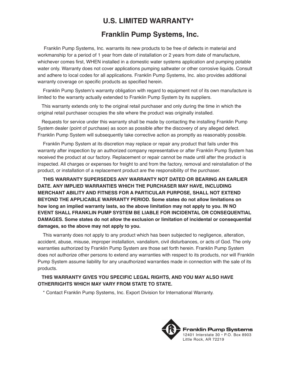 U.s. limited warranty* franklin pump systems, inc | Franklin Water Pump User Manual | Page 9 / 12