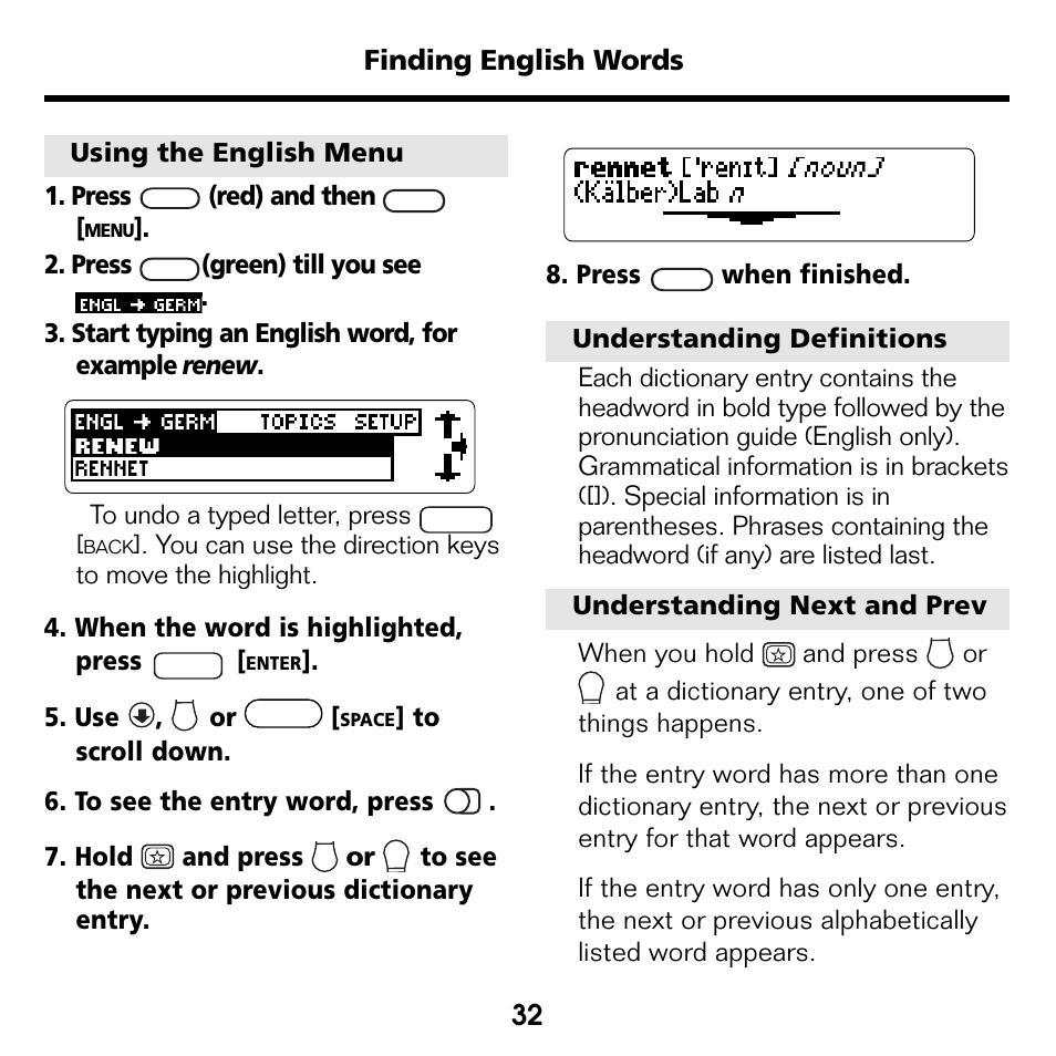 Finding english words, Using the english menu 1. press, Red) and then | Press, Hold and press | Franklin Bookman BDK-1460 User Manual | Page 11 / 24