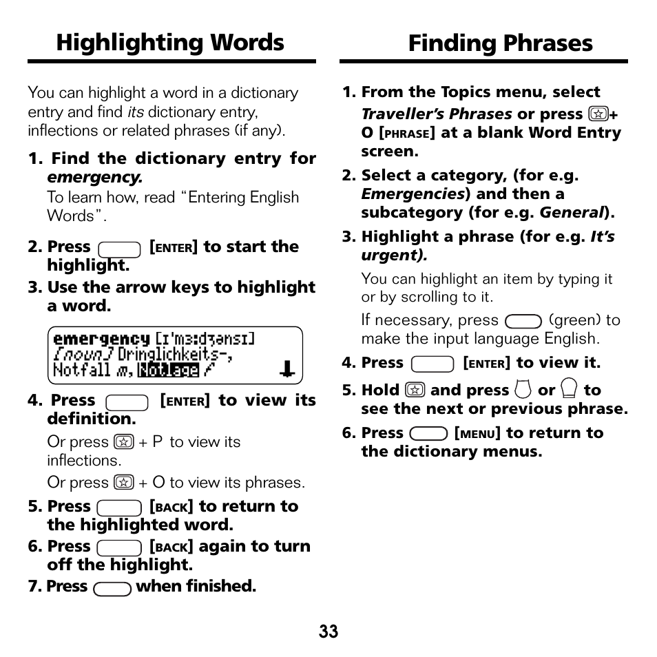 Highlighting words, Finding phrases, Highlighting words finding phrases | Franklin Bookman BDK-1460 User Manual | Page 12 / 24