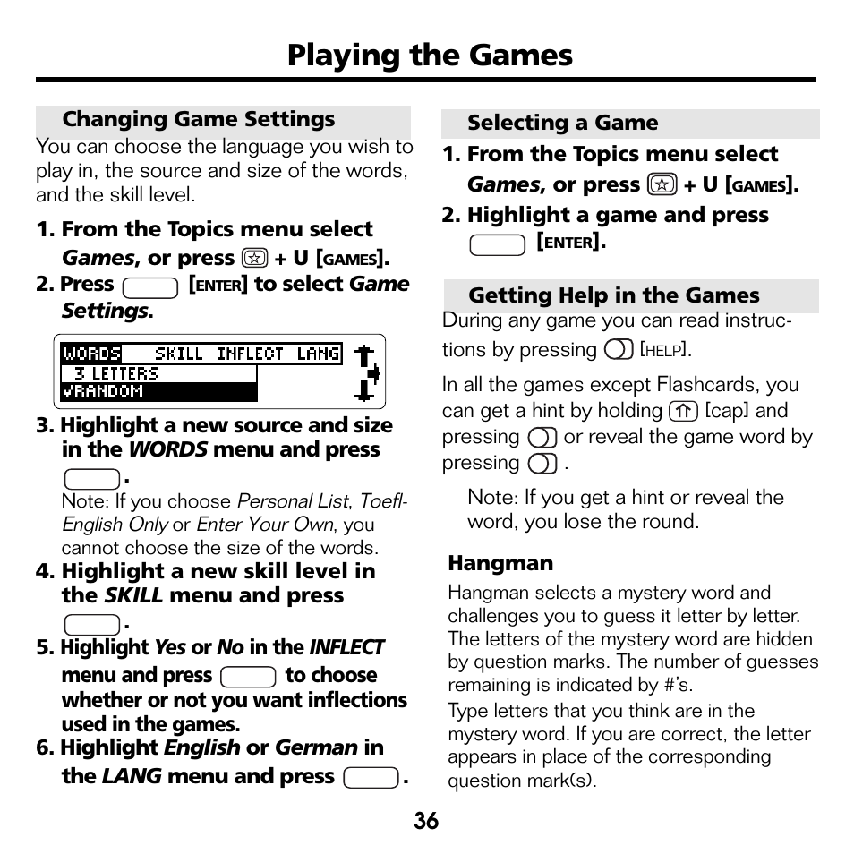 Playing the games | Franklin Bookman BDK-1460 User Manual | Page 15 / 24