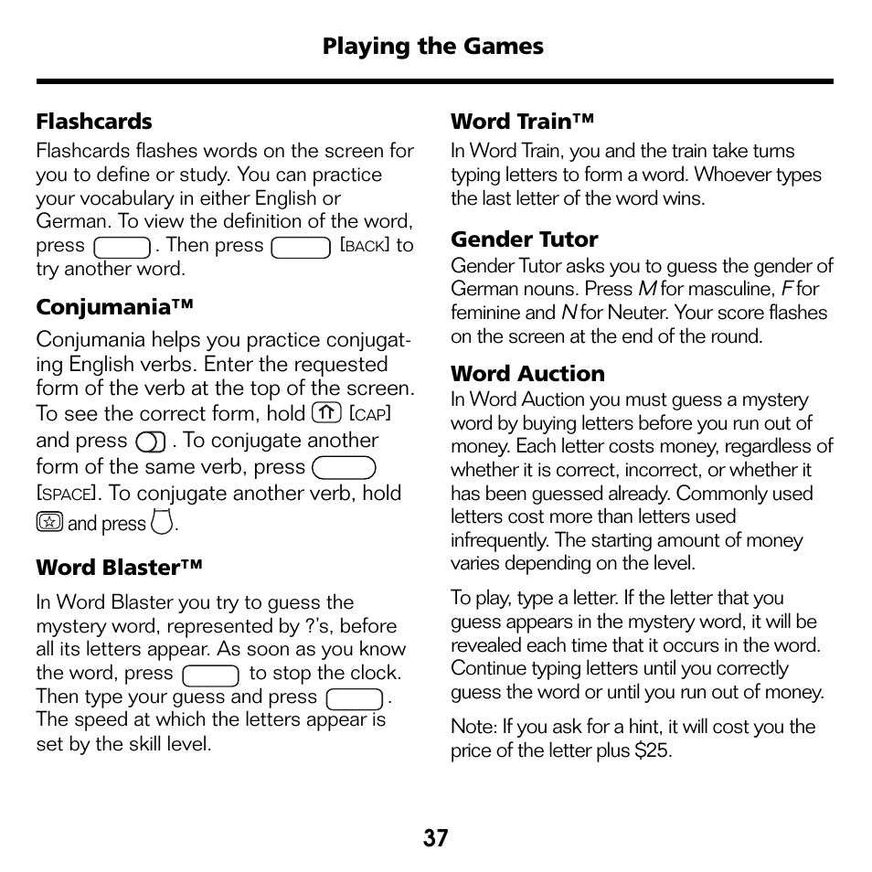 Playing the games | Franklin Bookman BDK-1460 User Manual | Page 16 / 24