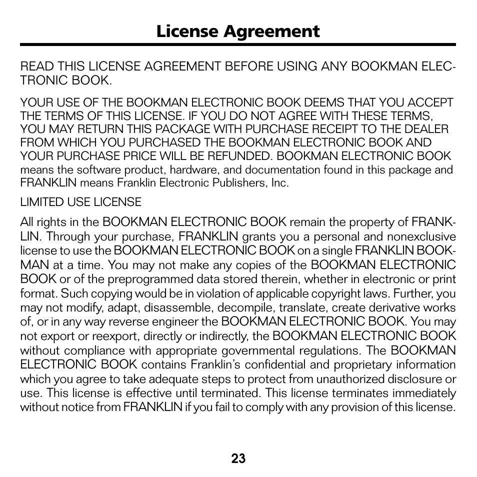 License agreement | Franklin Bookman BDK-1460 User Manual | Page 2 / 24