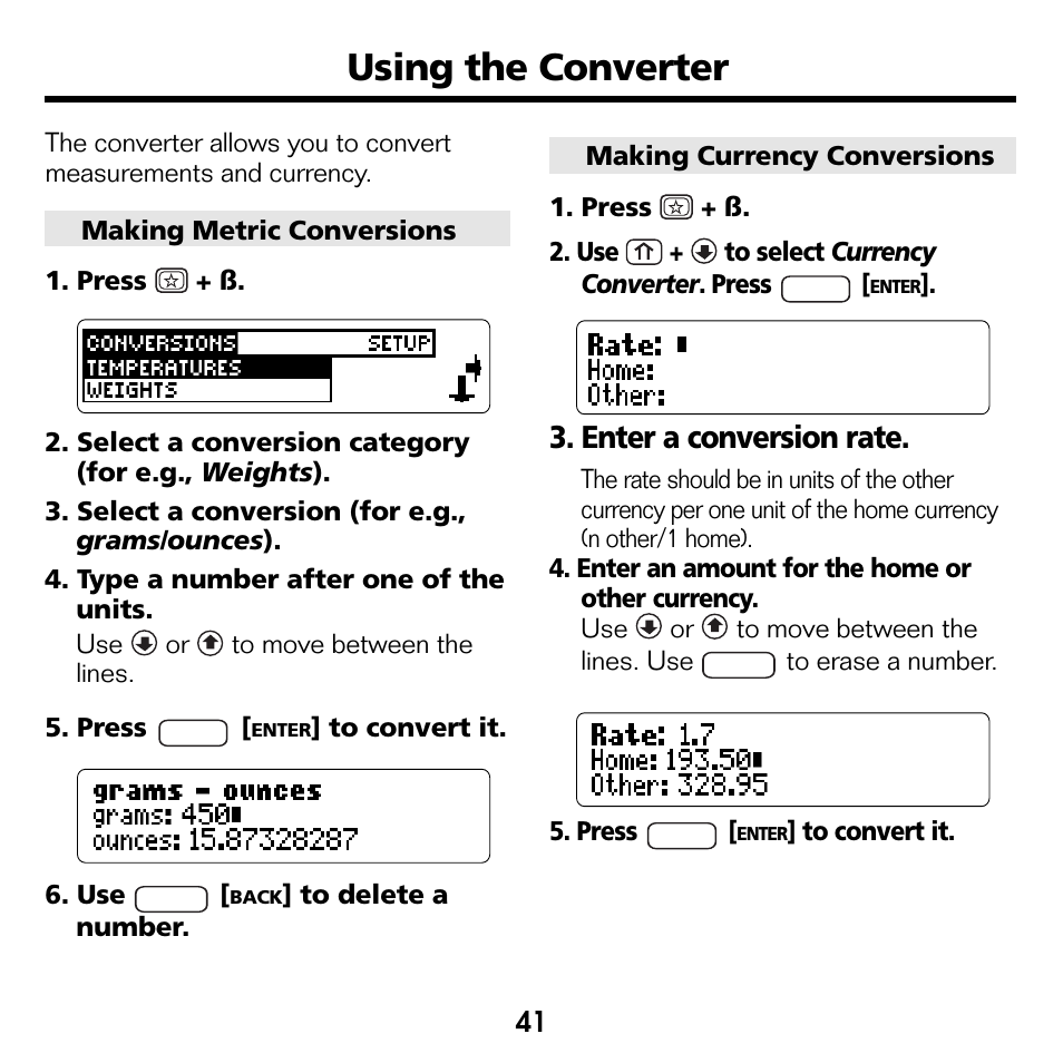 Using the converter, Enter a conversion rate | Franklin Bookman BDK-1460 User Manual | Page 20 / 24