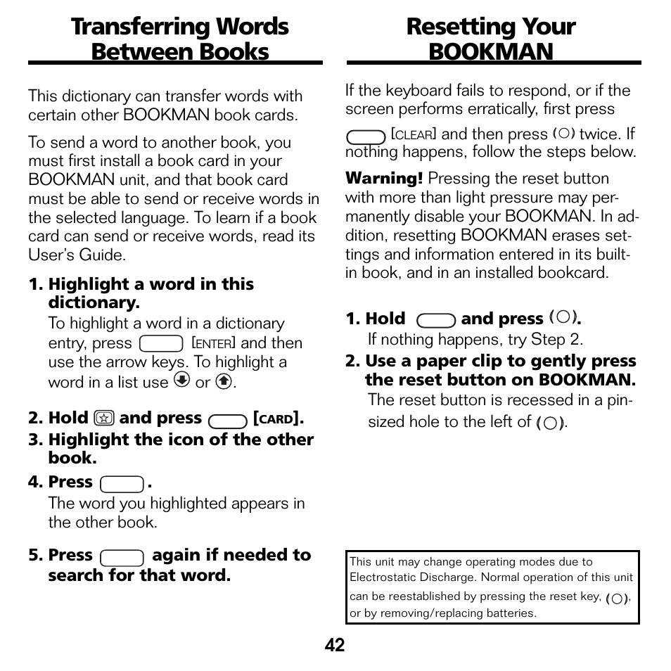 Transferring words between books, Resetting your bookman | Franklin Bookman BDK-1460 User Manual | Page 21 / 24