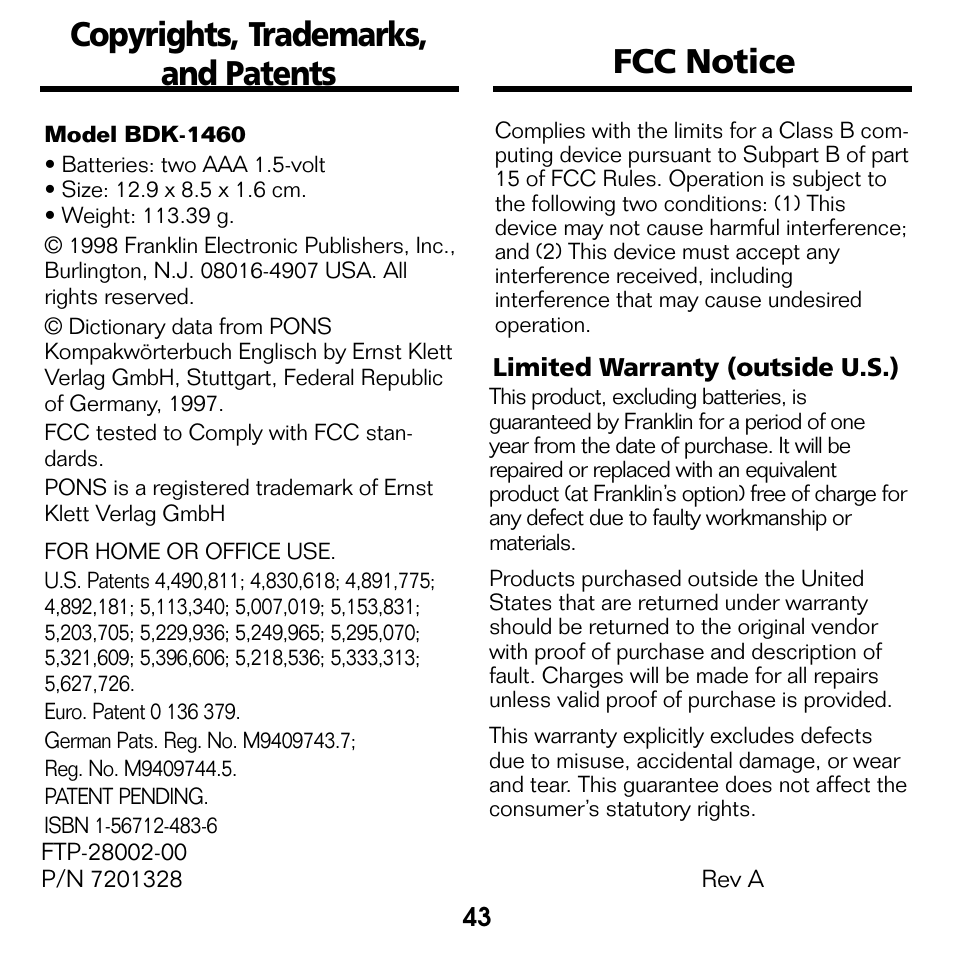 Copyrights, trademarks, and patents, Fcc notice | Franklin Bookman BDK-1460 User Manual | Page 22 / 24