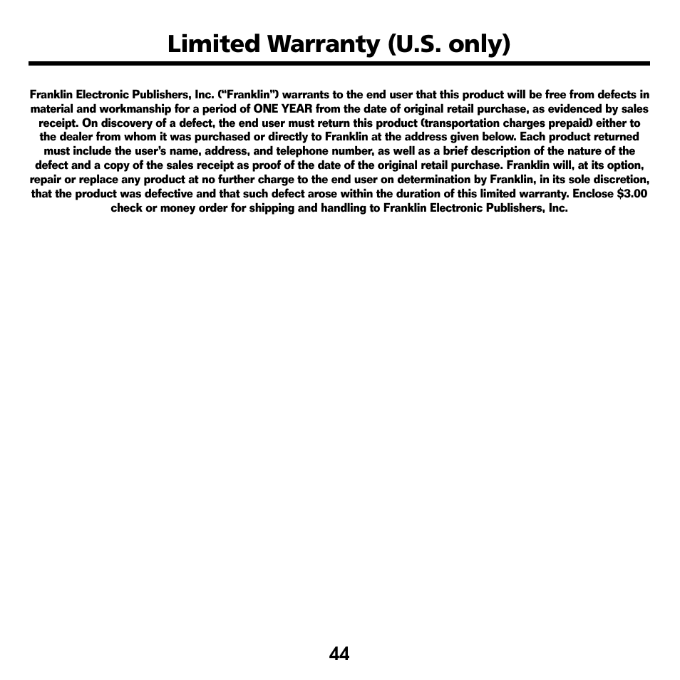 Limited warranty (u.s. only) | Franklin Bookman BDK-1460 User Manual | Page 23 / 24