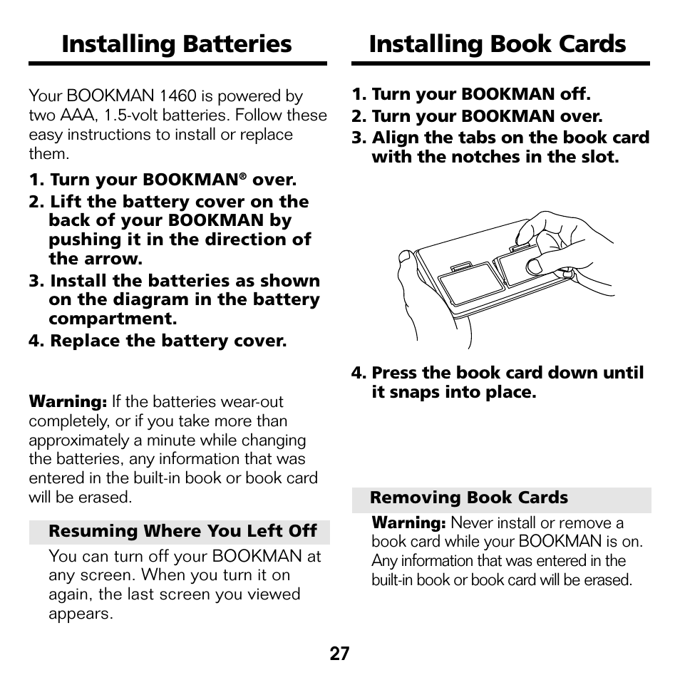 Installing batteries, Installing book cards, Installing batteries installing book cards | Franklin Bookman BDK-1460 User Manual | Page 6 / 24