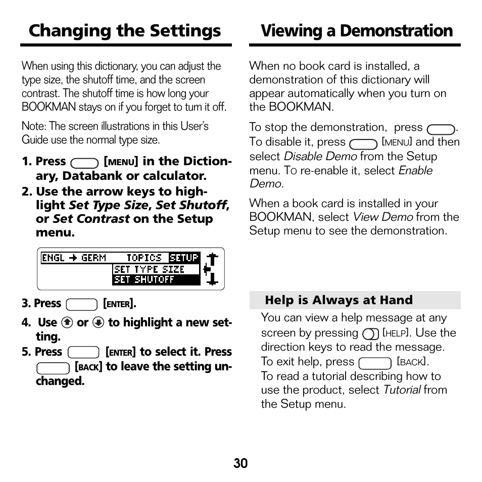 Changing the settings, Viewing a demonstration, Viewing a demonstration changing the settings | Franklin Bookman BDK-1460 User Manual | Page 9 / 24