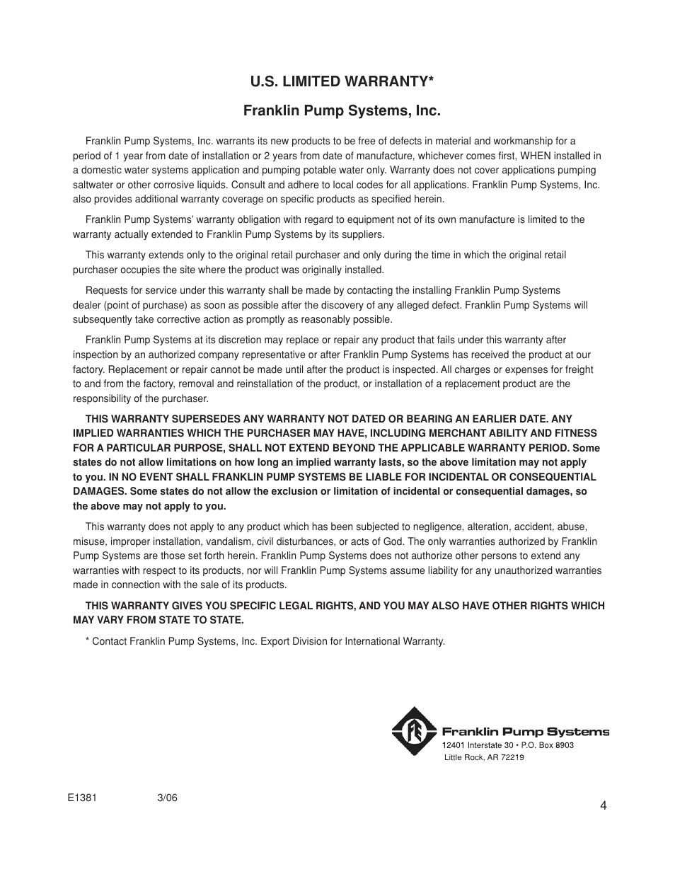 U.s. limited warranty* franklin pump systems, inc | Franklin DDS Series User Manual | Page 5 / 8