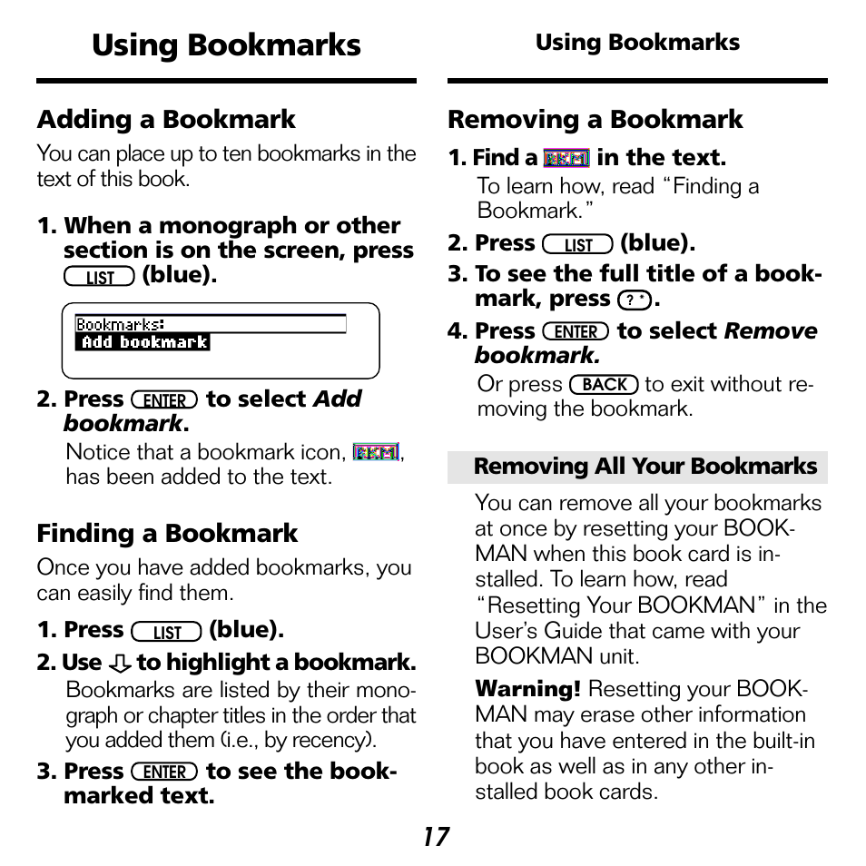 Using bookmarks, Removing a bookmark, Adding a bookmark | Finding a bookmark | Franklin BOOKMAN NIM-2072 User Manual | Page 18 / 26
