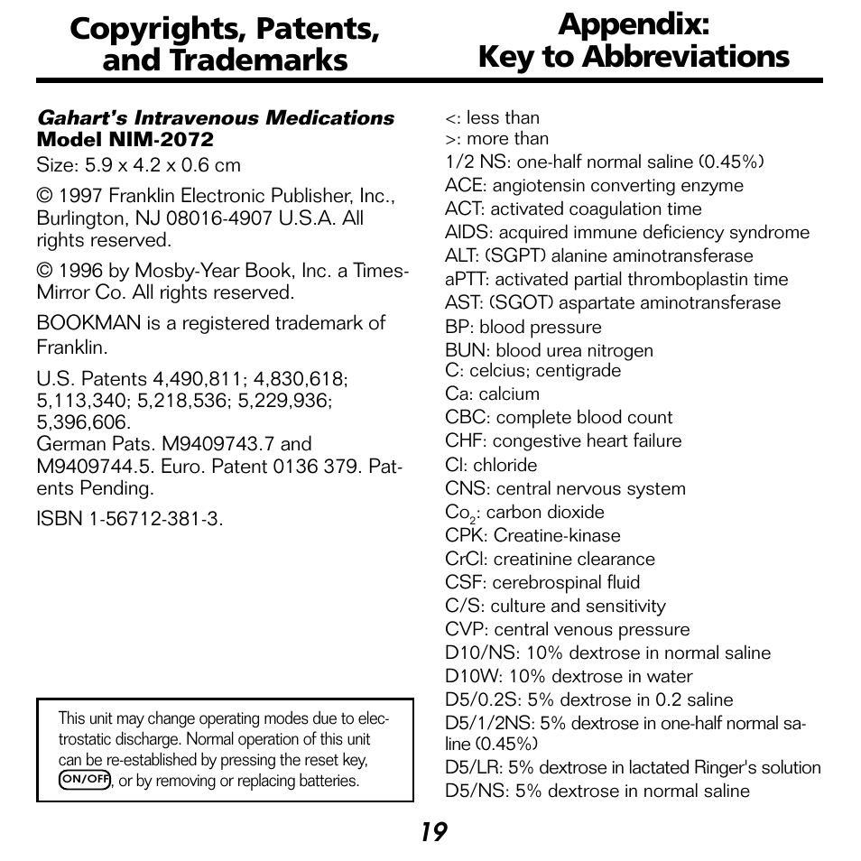 Copyrights, patents, and trademarks, Appendix: key to abbreviations | Franklin BOOKMAN NIM-2072 User Manual | Page 20 / 26