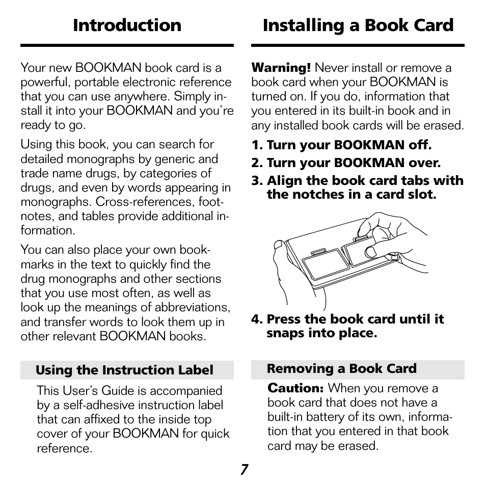 Introduction, Installing a book card, Introduction installing a book card | Franklin BOOKMAN NIM-2072 User Manual | Page 8 / 26