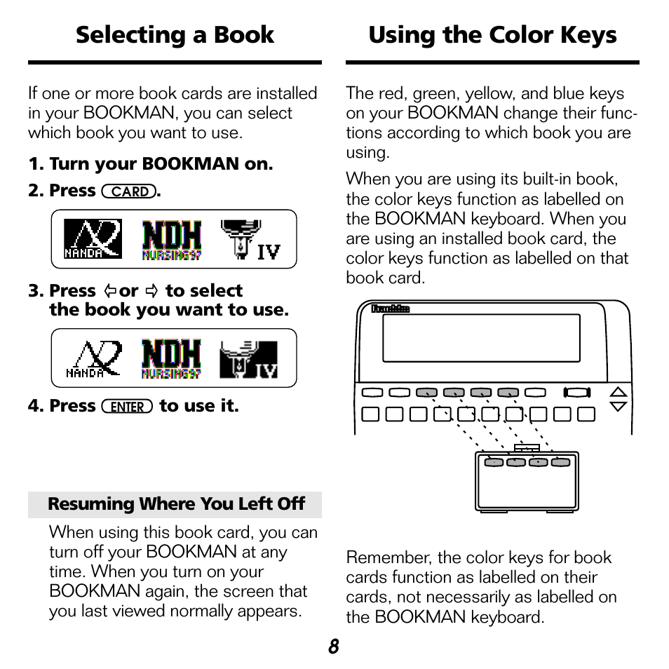 Selecting a book, Using the color keys, Selecting a book using the color keys | Franklin BOOKMAN NIM-2072 User Manual | Page 9 / 26