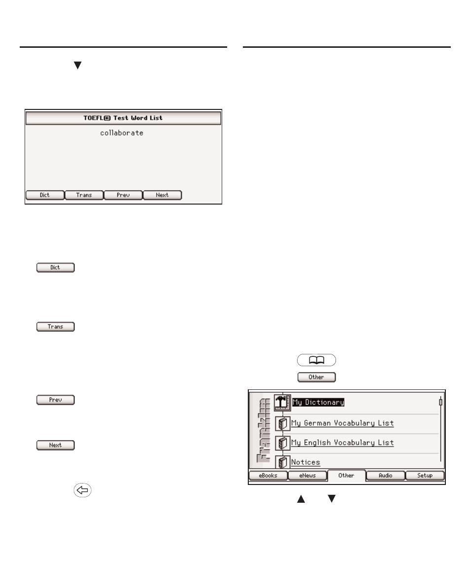 Using my vocabulary list, Adding words, Using the toefl | Test word list | Franklin The English Language Studio LDE-1900 User Manual | Page 35 / 73