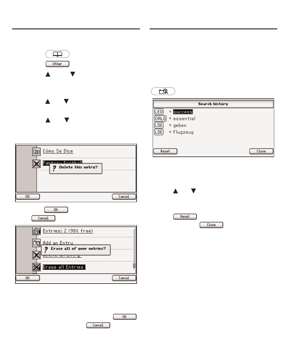 Viewing your search history, Deleting entries | Franklin The English Language Studio LDE-1900 User Manual | Page 40 / 73