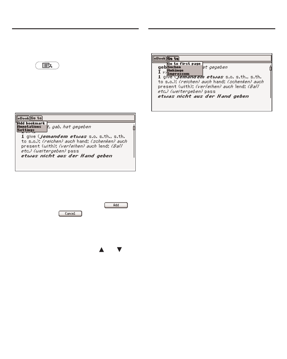 Using the menus, Ebook menu, Go to menu | Franklin The English Language Studio LDE-1900 User Manual | Page 41 / 73